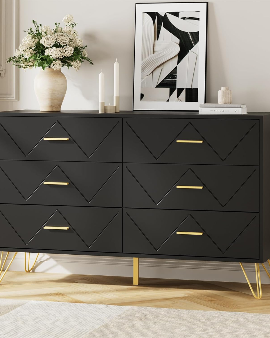 JOZZBY Dresser for Bedroom, 6 Drawer Black Wood Dresser with Gold Handles