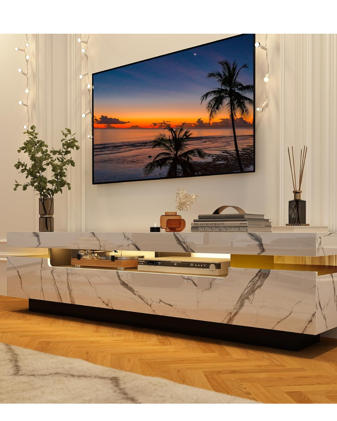 Uspeedy 70IN White TV Stand for 75/80 inch TV,Modern LED TV Stand for Living Room,High Gloss Entertainment Center