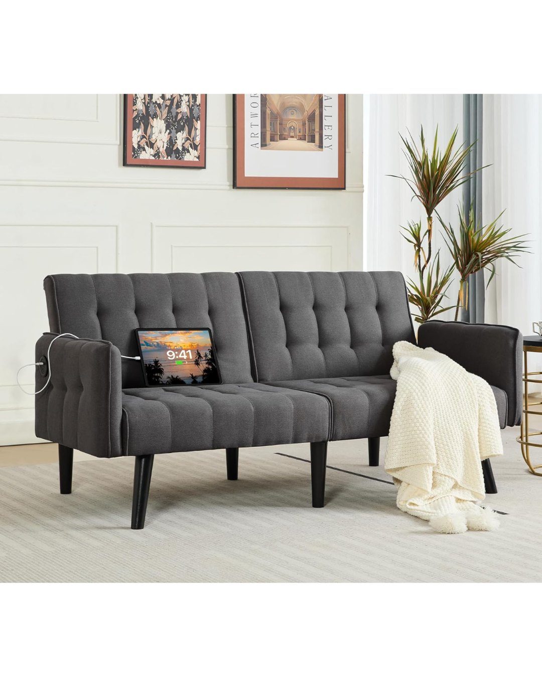 TYBOATLE 65“ Convertible Futon Sofa Bed w/ 2 USB, Upholstered Tufted Small Adjustable Folding Couch Loveseat