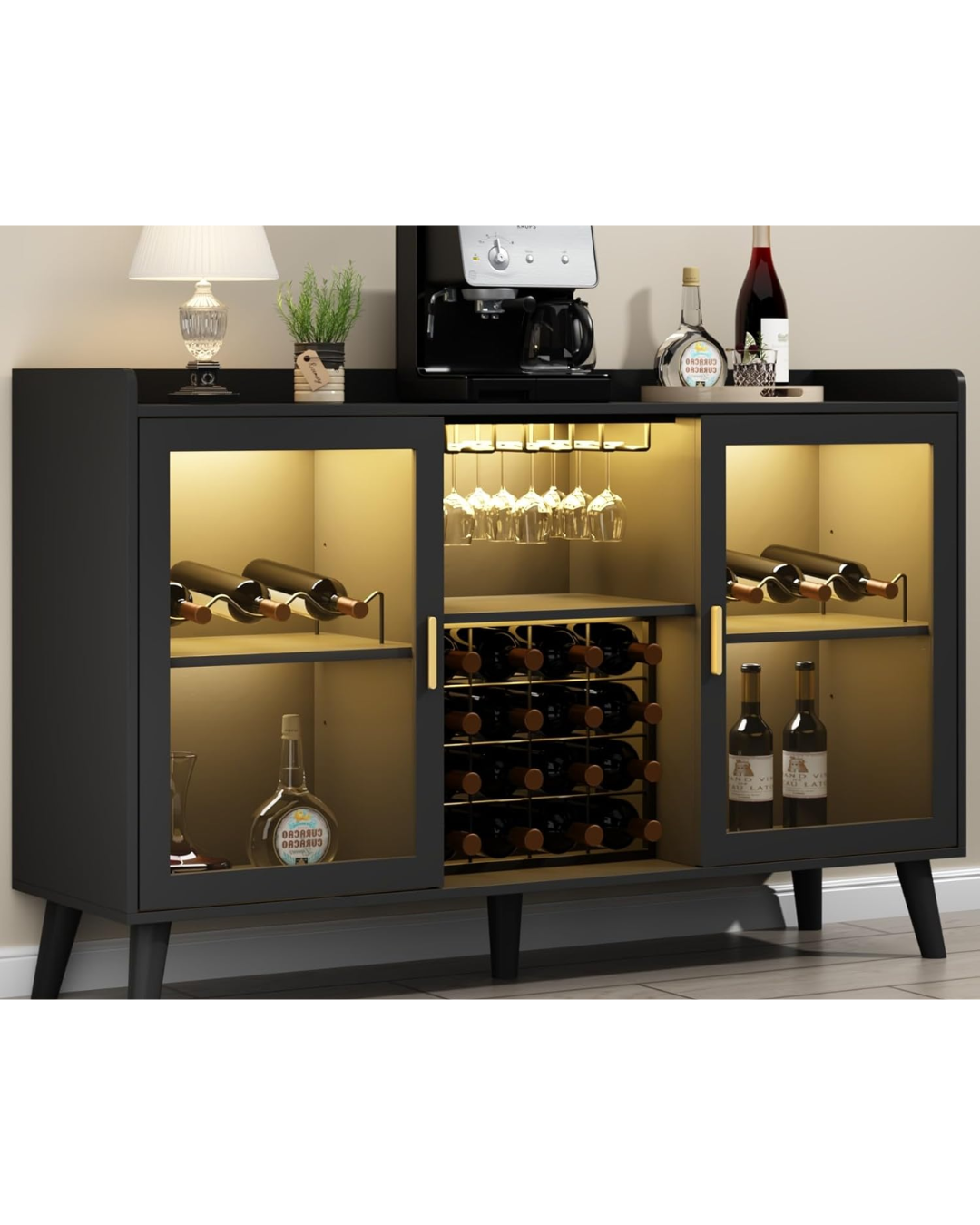 Loomie Wine Bar Cabinet with LED Light, Home Coffee Cabinet with Wine Rack and Glass Holder, Kitchen Buffet Sideboard W Storage Shelf