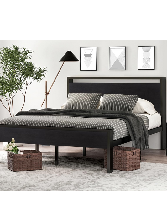 SHA CERLIN 14 Inch Queen Size Metal Platform Bed Frame with Wooden Headboard