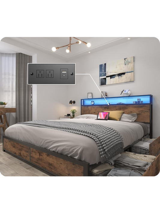 Lifezone Queen Bed Frame with 2-Tier Storage Headboard, Metal Platform Bed Frame with 4 Storage Drawers
