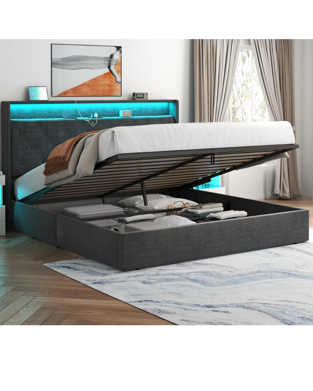 Loomie Queen Lift Up Bed Frame with Charging Station & LED Lights, Upholstered Bed with Button Tufted Wingback Storage Headboard,