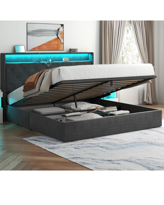 Loomie Queen Lift Up Bed Frame with Charging Station & LED Lights, Upholstered Bed with Button Tufted Wingback Storage Headboard,