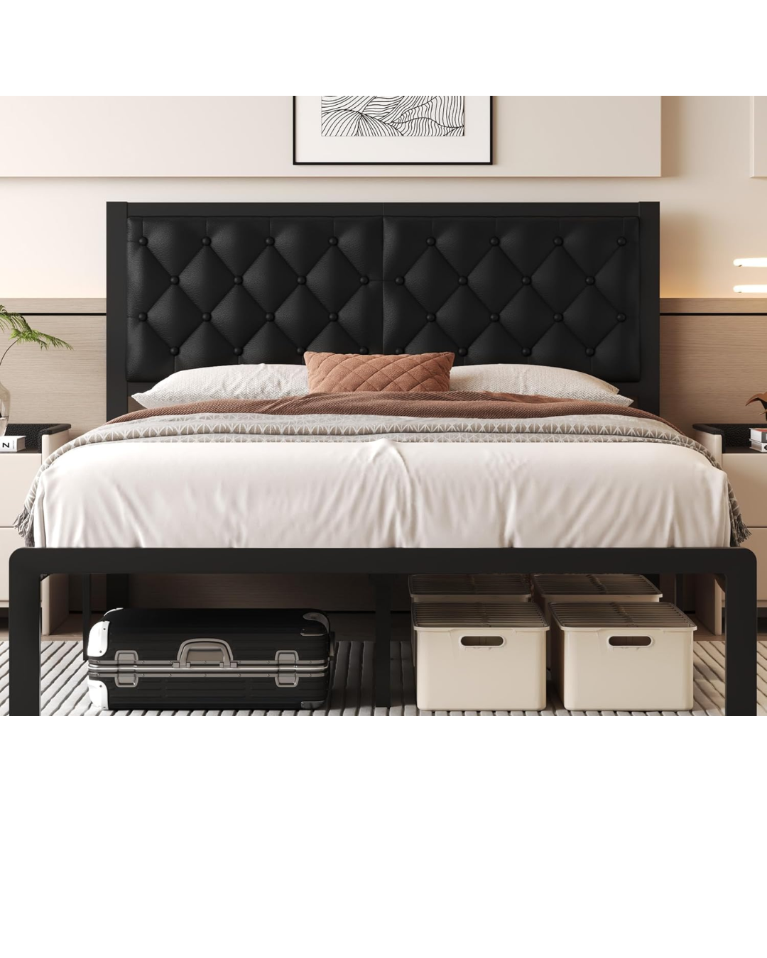 Queen Bed Frame with Headboard PU Leather Upholstered Bed Frame Platform
