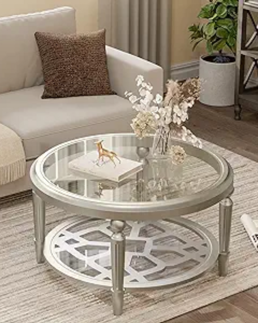 COSIEST Glass Coffee Table, 32" Round Coffee Tables with Storage,