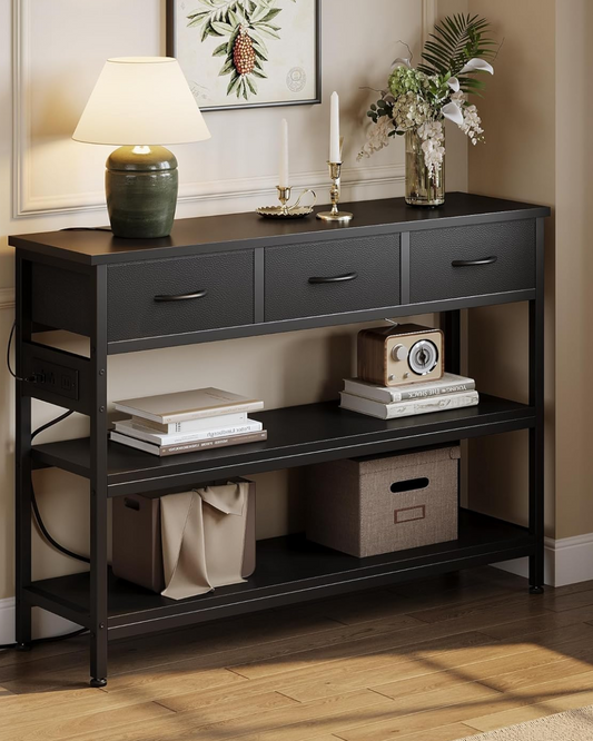 Lulive 2 Pack Entryway Table with Power Outlets, Console Table with 3 Fabric Drawers, Sofa Table for Living Room,