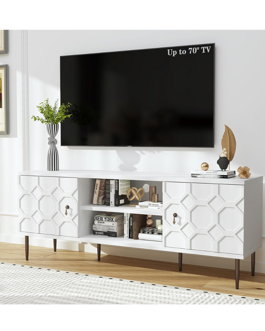 Modern TV Stand for 65/70inch TV, Entertainment Center with Storage Cabinet and Open Shelves, Embossed Pattern TV Stand, TV and Media Console for Living Room