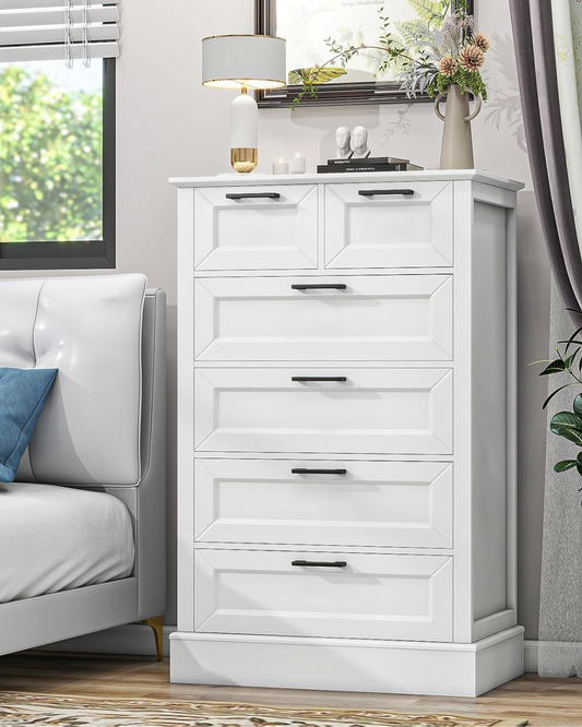 Odeekea White Dresser with 6 Drawers, Vertical Tall Dresser for Bedroom,