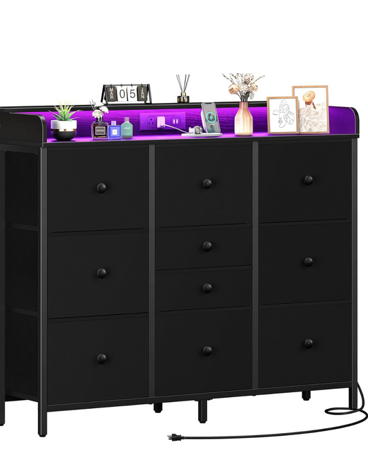 Yoobure Dresser for Bedroom with Charging Station and LED Lights, Tall Dressers TV Stand with 10 Storage Drawers,