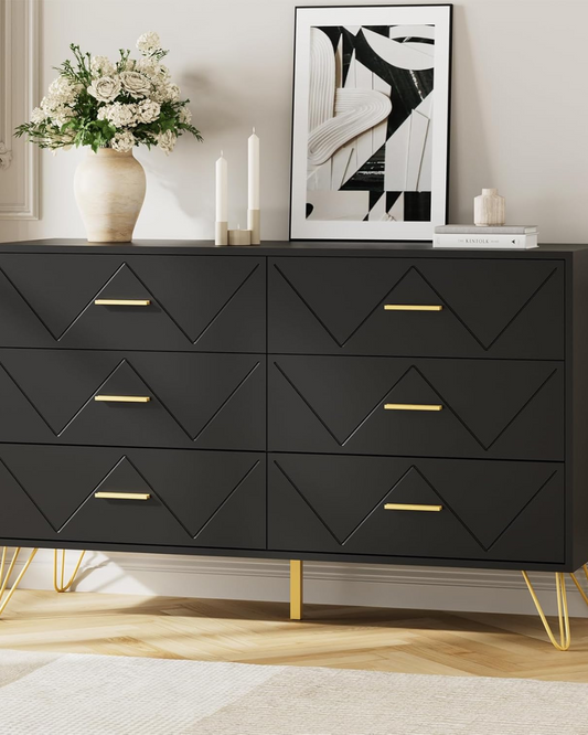 JOZZBY Dresser for Bedroom, 6 Drawer Black Wood Dresser with Gold Handles
