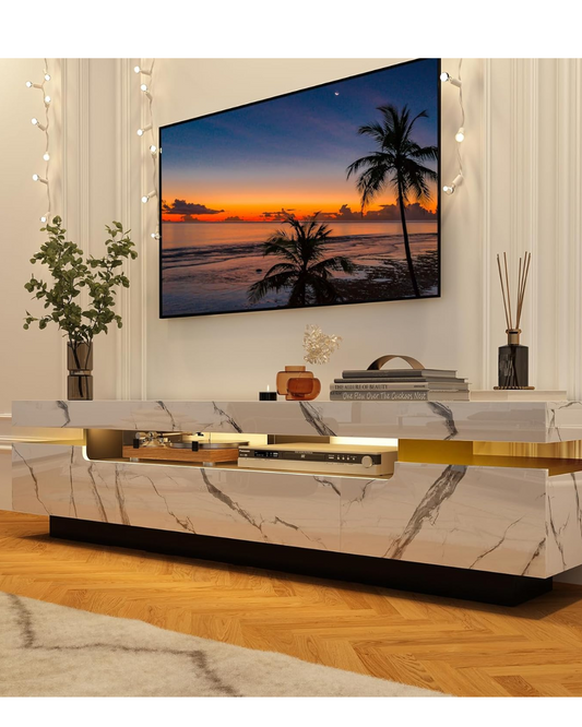 Uspeedy 70IN White TV Stand for 75/80 inch TV,Modern LED TV Stand for Living Room,High Gloss Entertainment Center