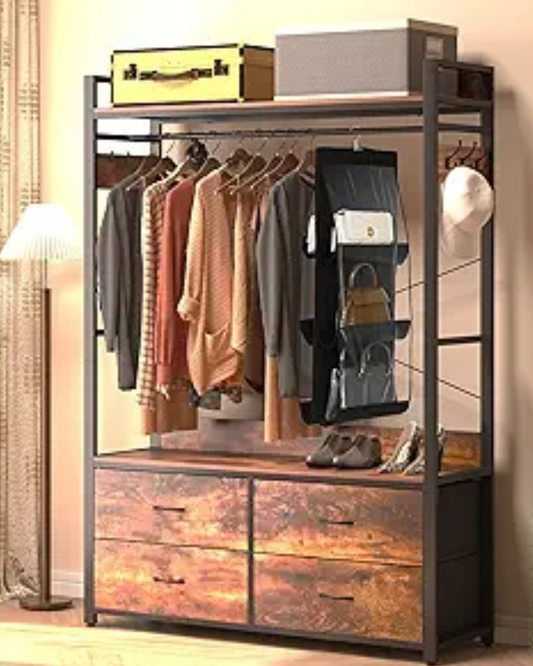 Clothes Rack with Drawers,Garment Rack with Shelves and Hanging Rod,Industrial Clothing Rack with bag storage,
