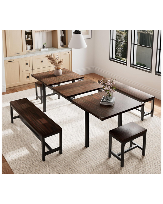 5 Pieces Dining Room Table Set for 4-6, 63' Extendable Kitchen Table Set with 2 Benches & 2 Stools,