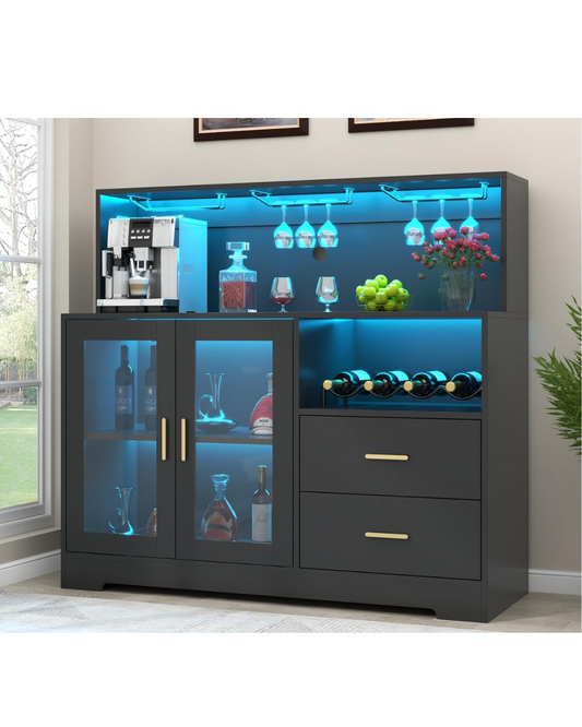 Bar Cabinet for Home with LED Light, Coffee Bar Cabinet with Wine & Glass Rack,