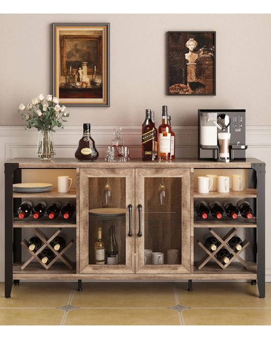 Vabches 58" Wine Cabinet with Wine Rack Storage,Home Bar for Liquor and Glasses, Farmhouse Coffee Bar Cabinet