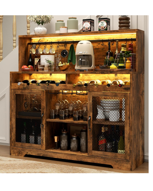 Loomie Wine Bar Cabinet with LED Light, Liquor Cabinet with Glass Holder